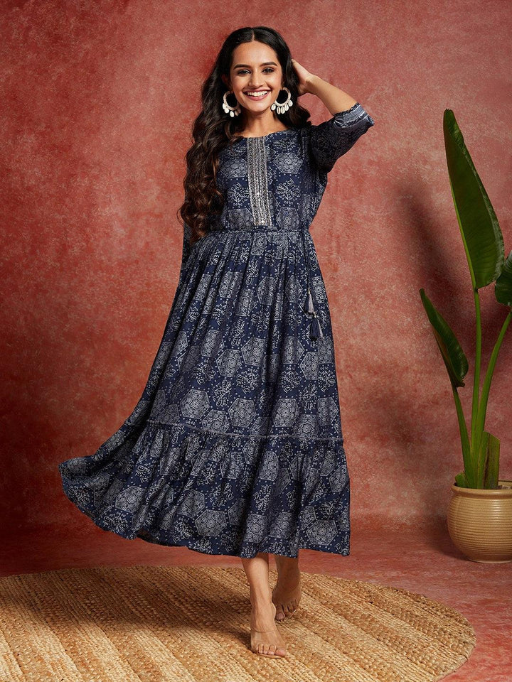 Blue Printed Silk Blend Fit and Flared Dress - ShopLibas