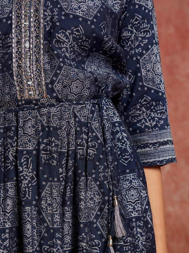 Blue Printed Silk Blend Fit and Flared Dress - ShopLibas