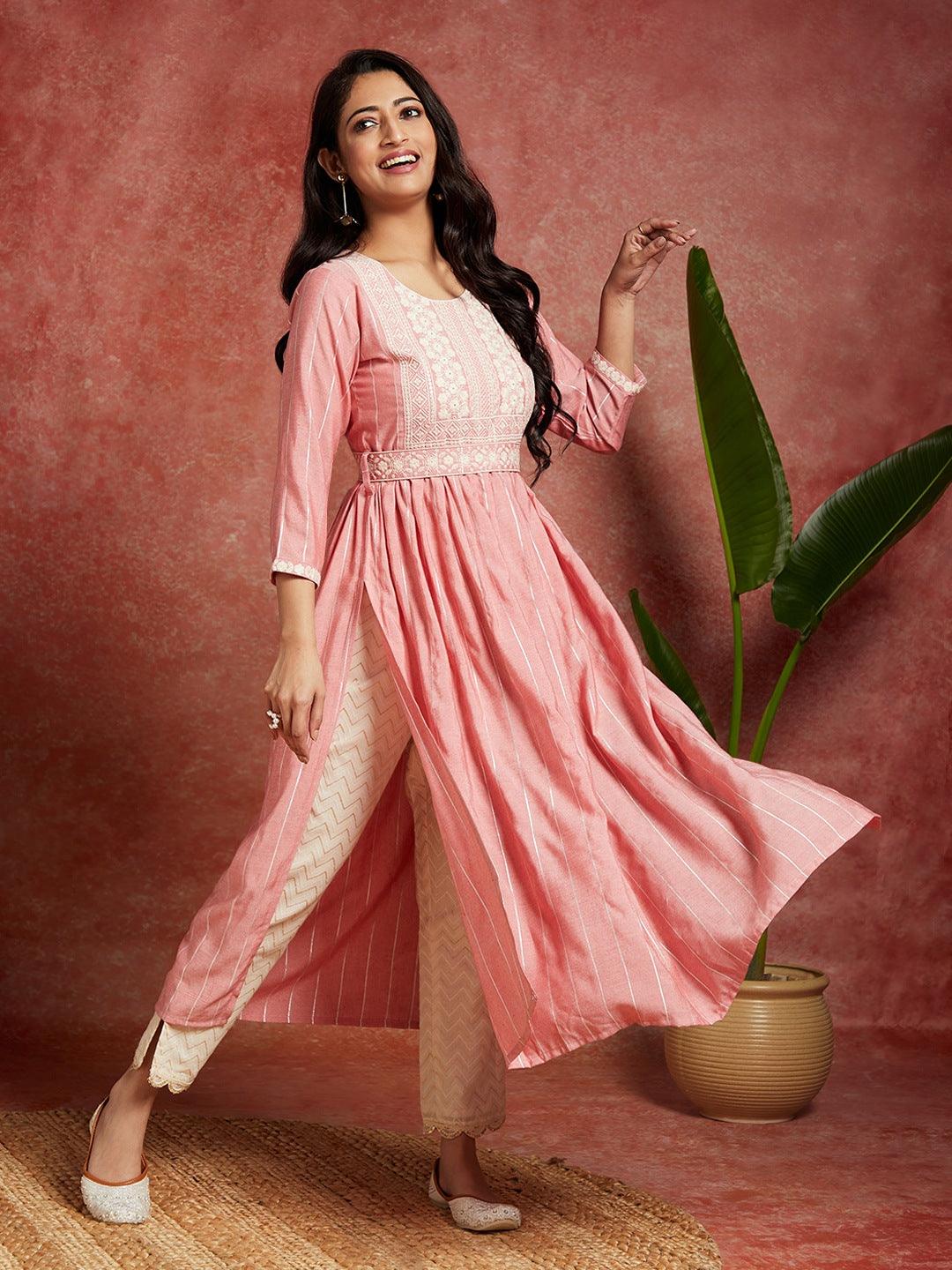 Pink Yoke Design Silk A-Line Kurta - ShopLibas
