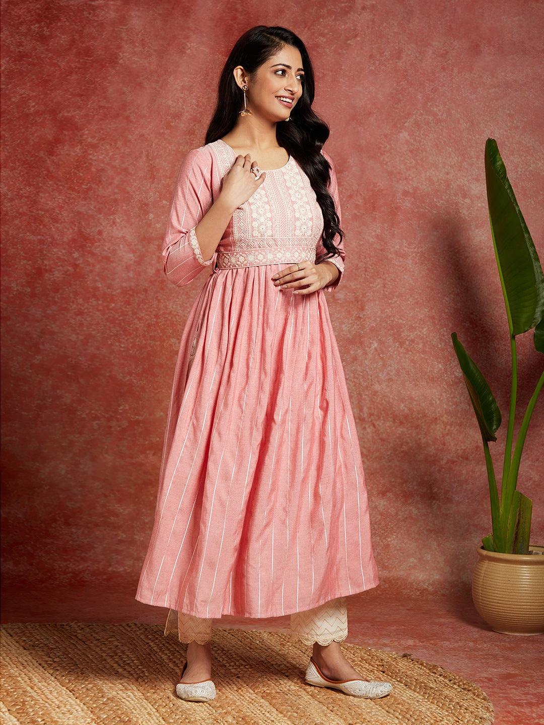 Pink Yoke Design Silk A-Line Kurta - ShopLibas