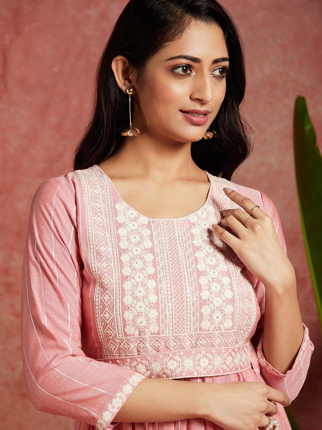 Pink Yoke Design Silk A-Line Kurta - ShopLibas