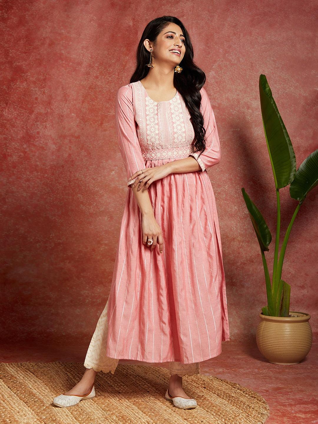 Pink Yoke Design Silk A-Line Kurta - ShopLibas