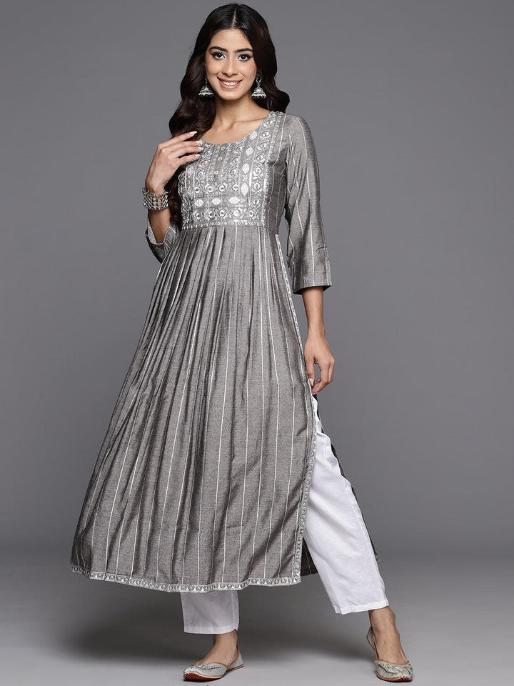 Grey Striped Silk A-Line Kurta - ShopLibas