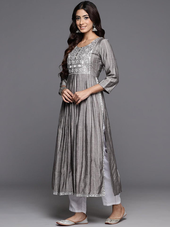Grey Striped Silk A-Line Kurta - ShopLibas