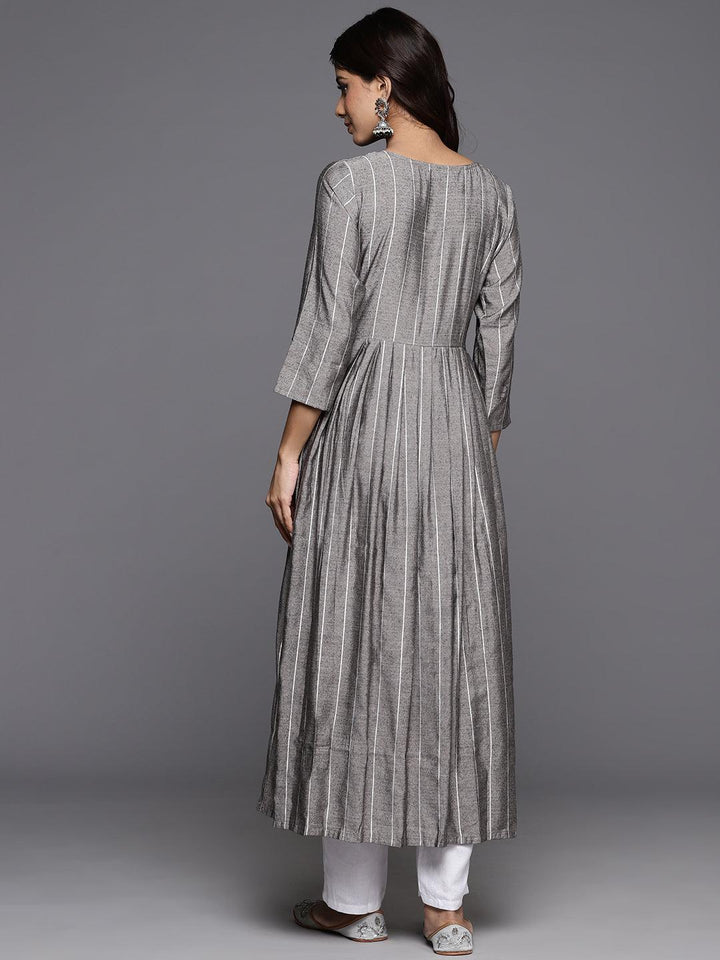 Grey Striped Silk A-Line Kurta - ShopLibas