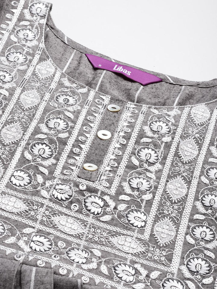 Grey Striped Silk A-Line Kurta - ShopLibas