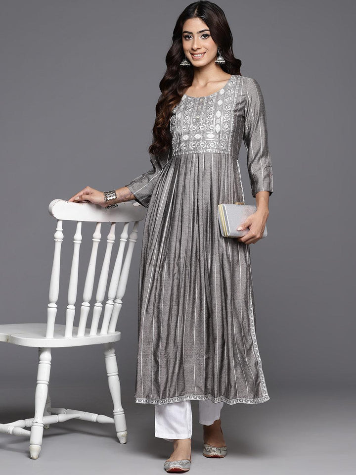 Grey Striped Silk A-Line Kurta - ShopLibas