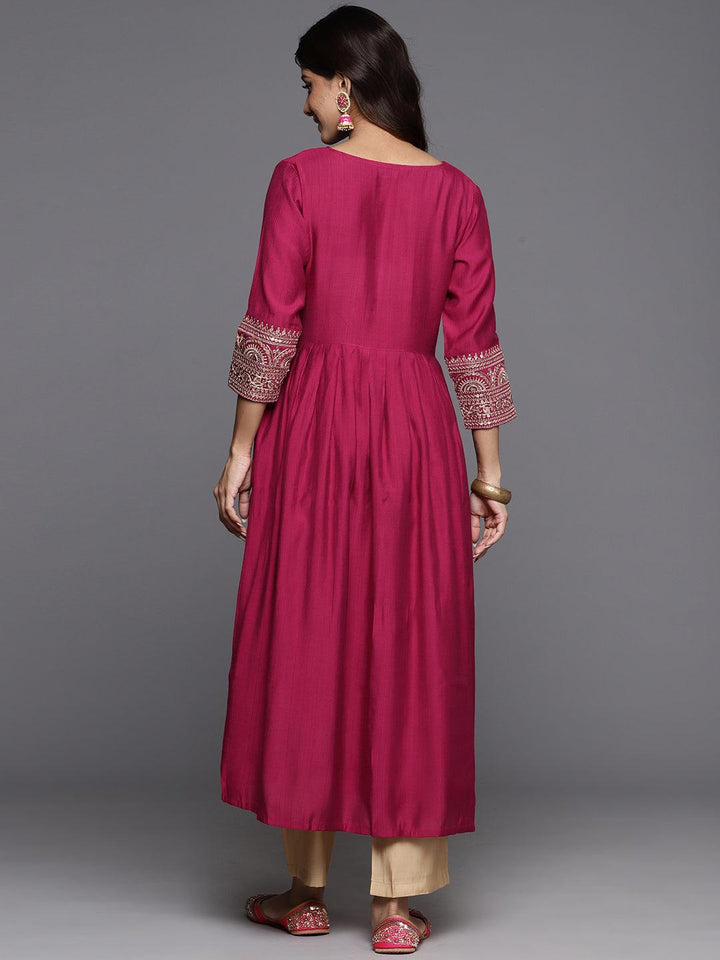 Pink Embellished Silk A-Line Kurta - ShopLibas