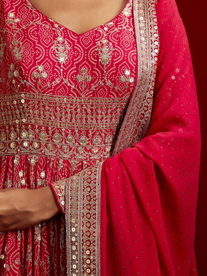Libas Art Pink Embroidered Georgette A-Line Kurta With Trousers & Dupatta - ShopLibas