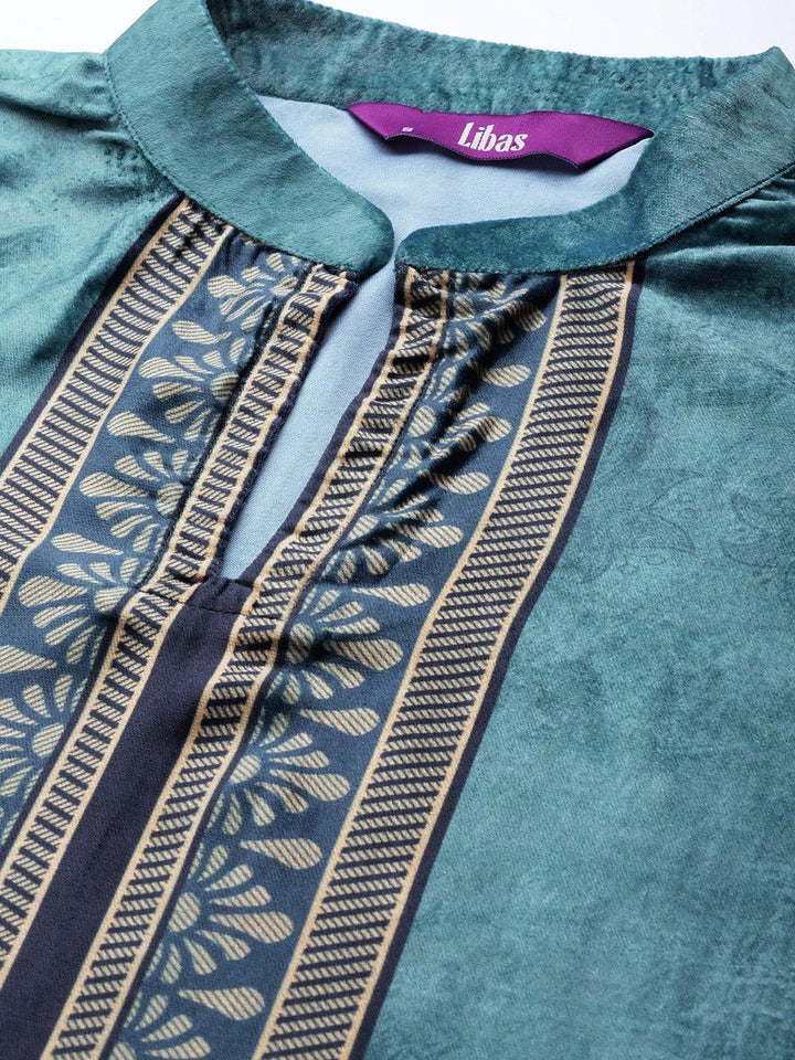 Blue Printed Velvet Suit Set - ShopLibas