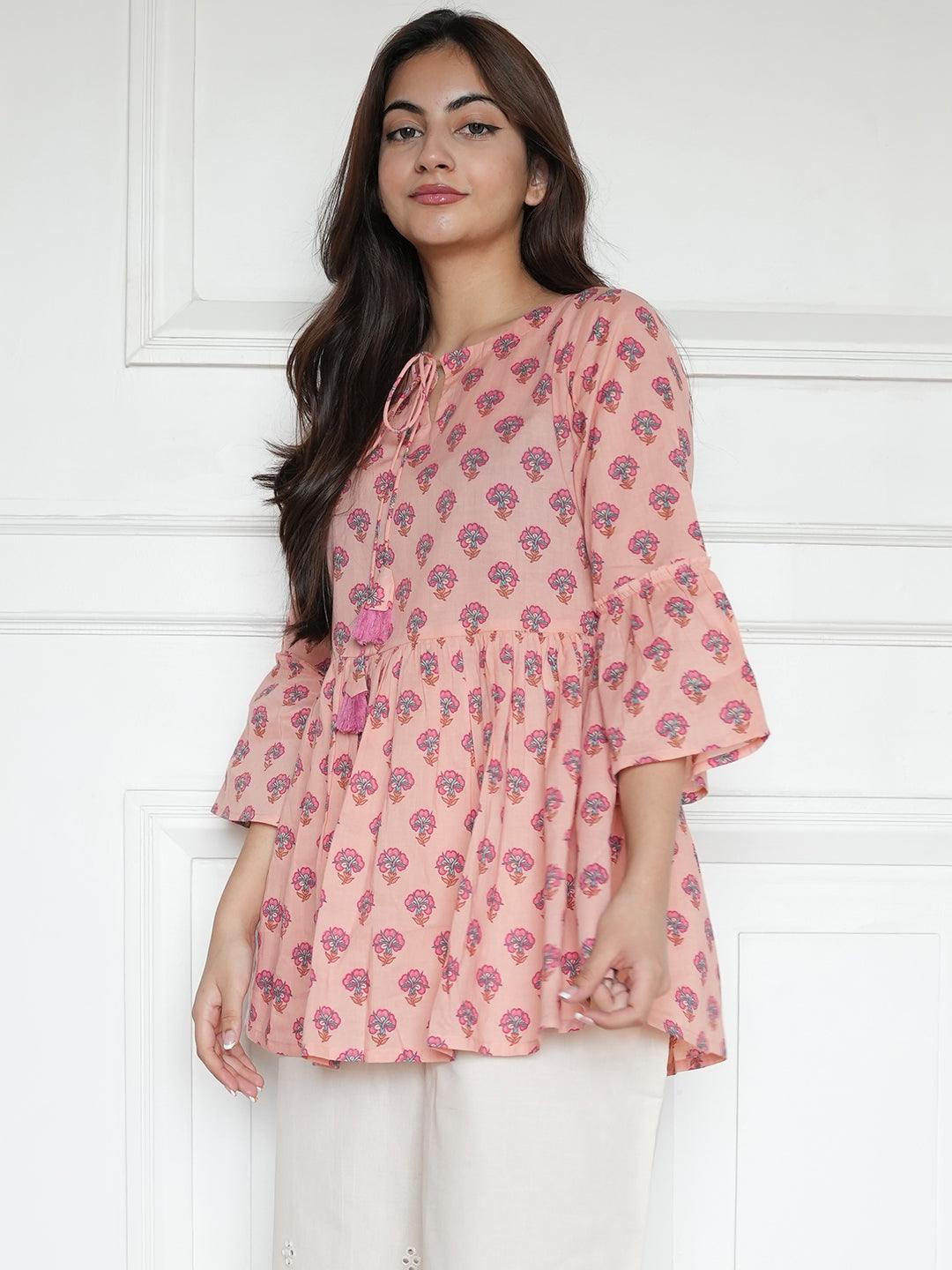 Peach Printed Cotton A-Line Kurti - ShopLibas