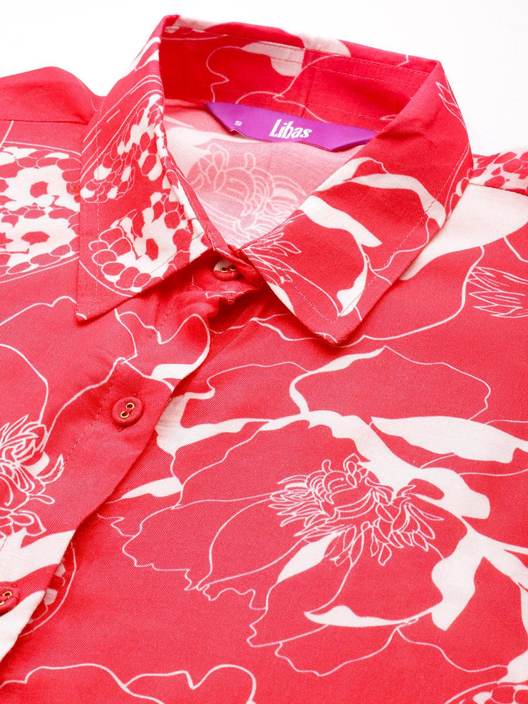 Red Printed Cotton Blend Shirt With Palazzos - ShopLibas 