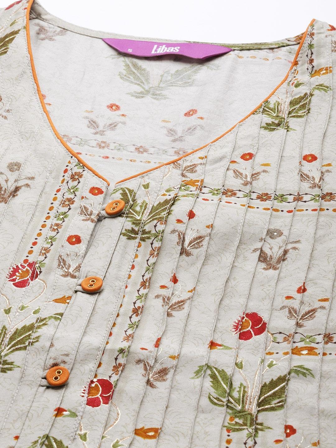 Grey Printed Chanderi Silk Kurta - ShopLibas