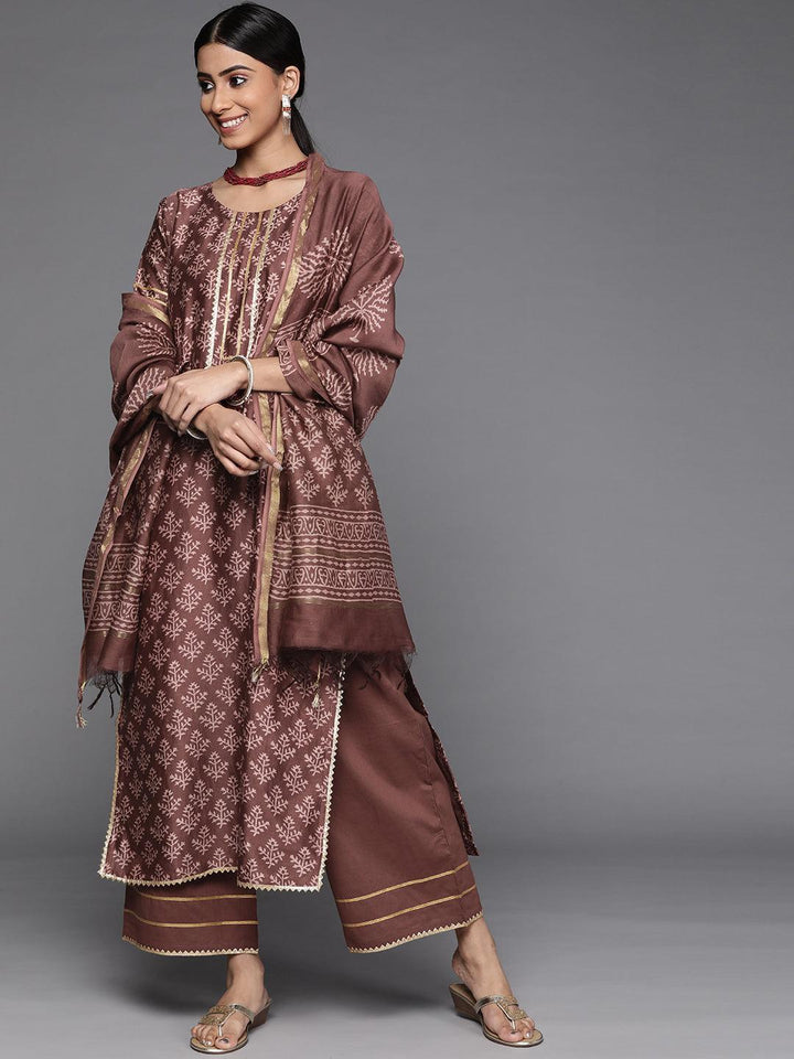 Brown Printed Chanderi Silk Suit Set - ShopLibas