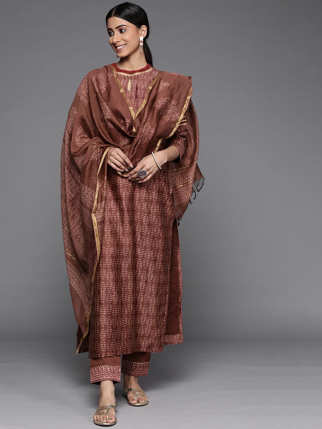 Brown Printed Chanderi Silk Suit Set - ShopLibas