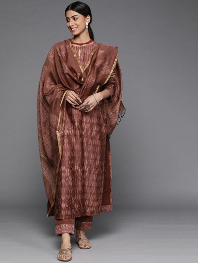 Brown Printed Chanderi Silk Suit Set - ShopLibas