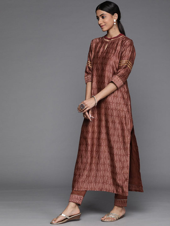 Brown Printed Chanderi Silk Suit Set - ShopLibas
