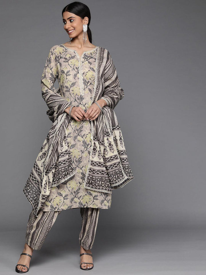 Taupe Printed Cotton Suit Set - ShopLibas