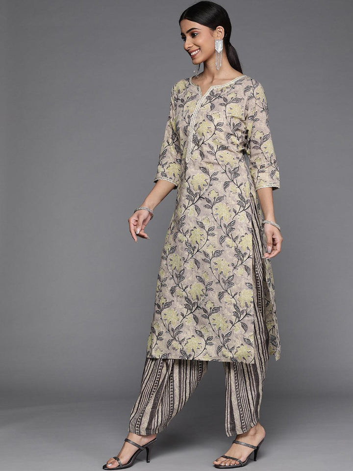 Taupe Printed Cotton Suit Set - ShopLibas