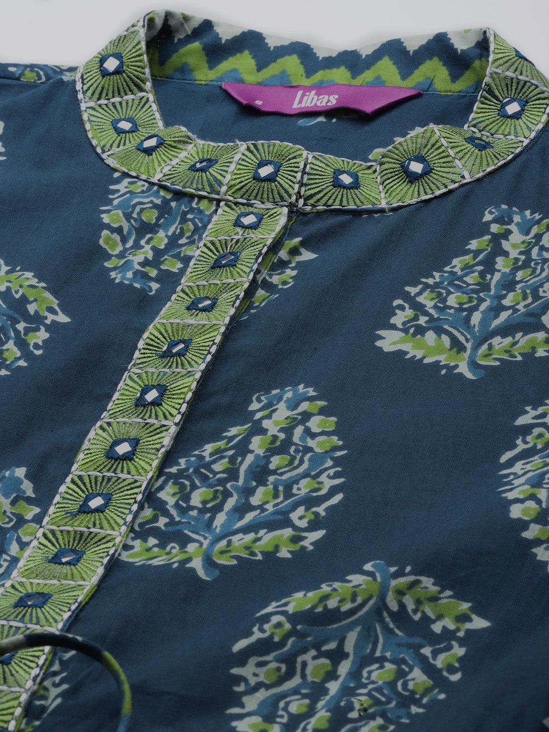 Blue Printed Cotton Suit Set - ShopLibas