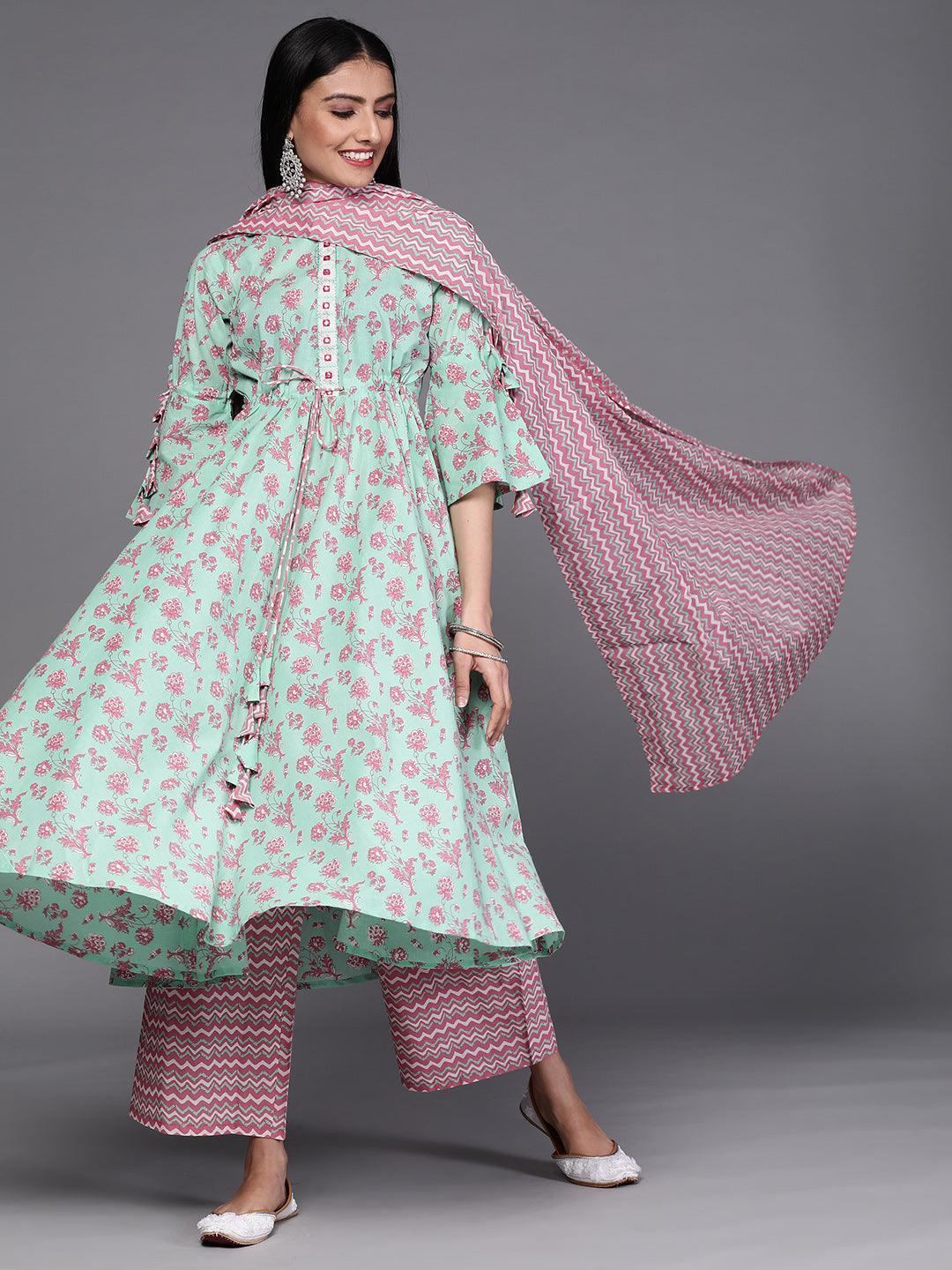 Sea Green Printed Cotton Suit Set - ShopLibas