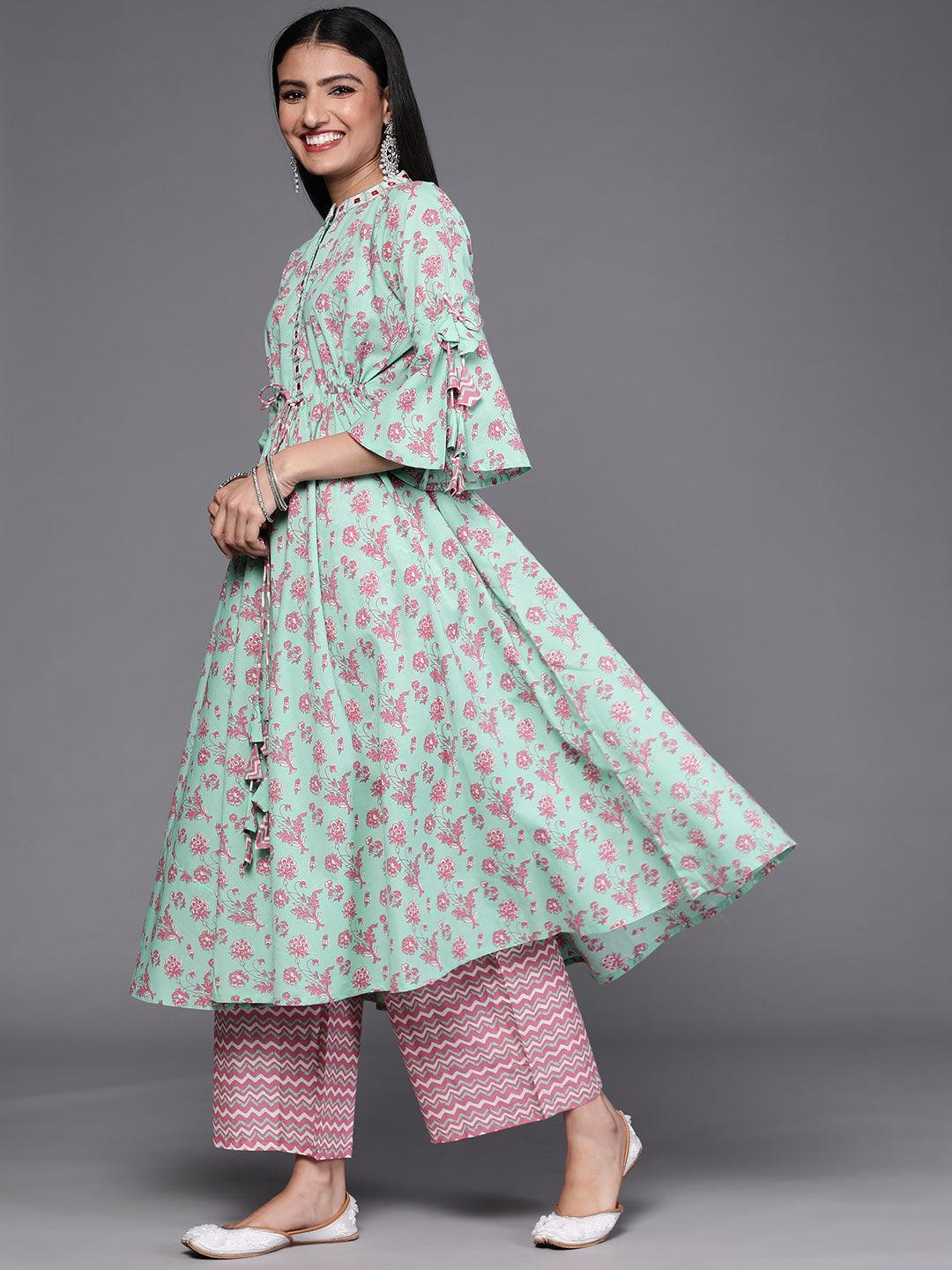 Sea Green Printed Cotton Suit Set - ShopLibas