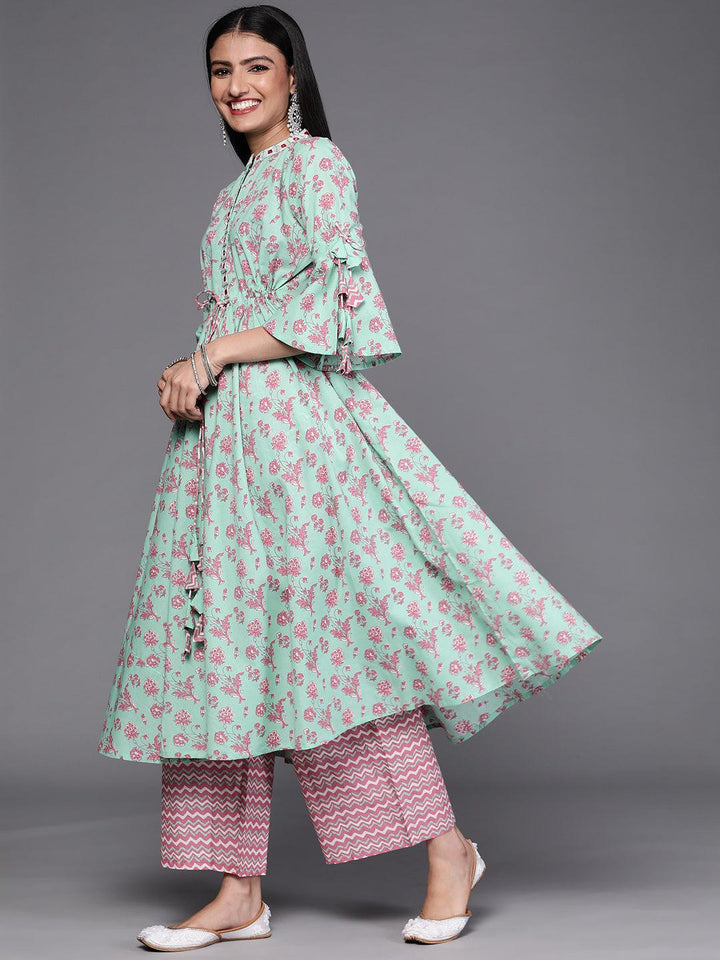 Sea Green Printed Cotton Suit Set - ShopLibas