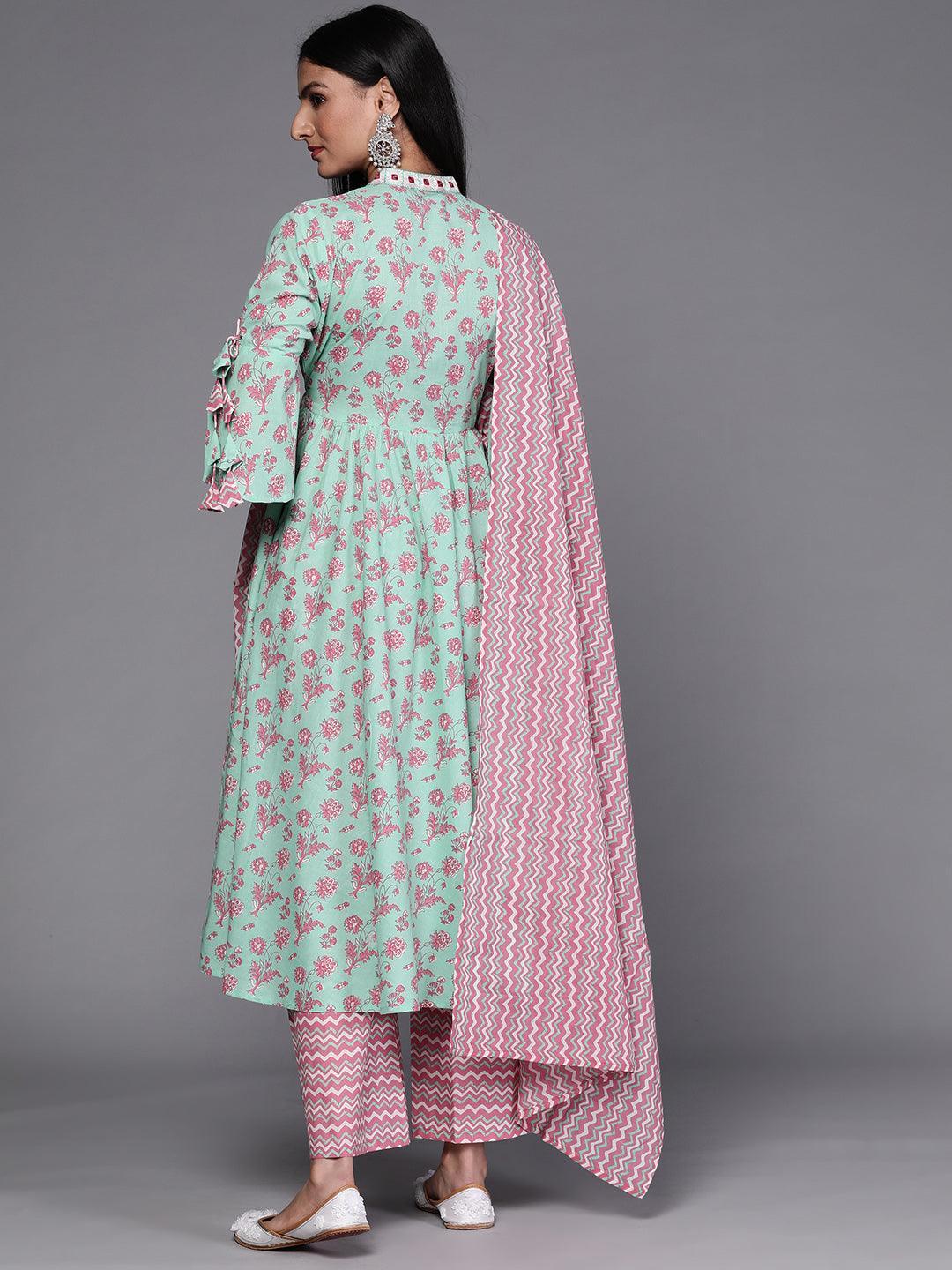 Sea Green Printed Cotton Suit Set - ShopLibas
