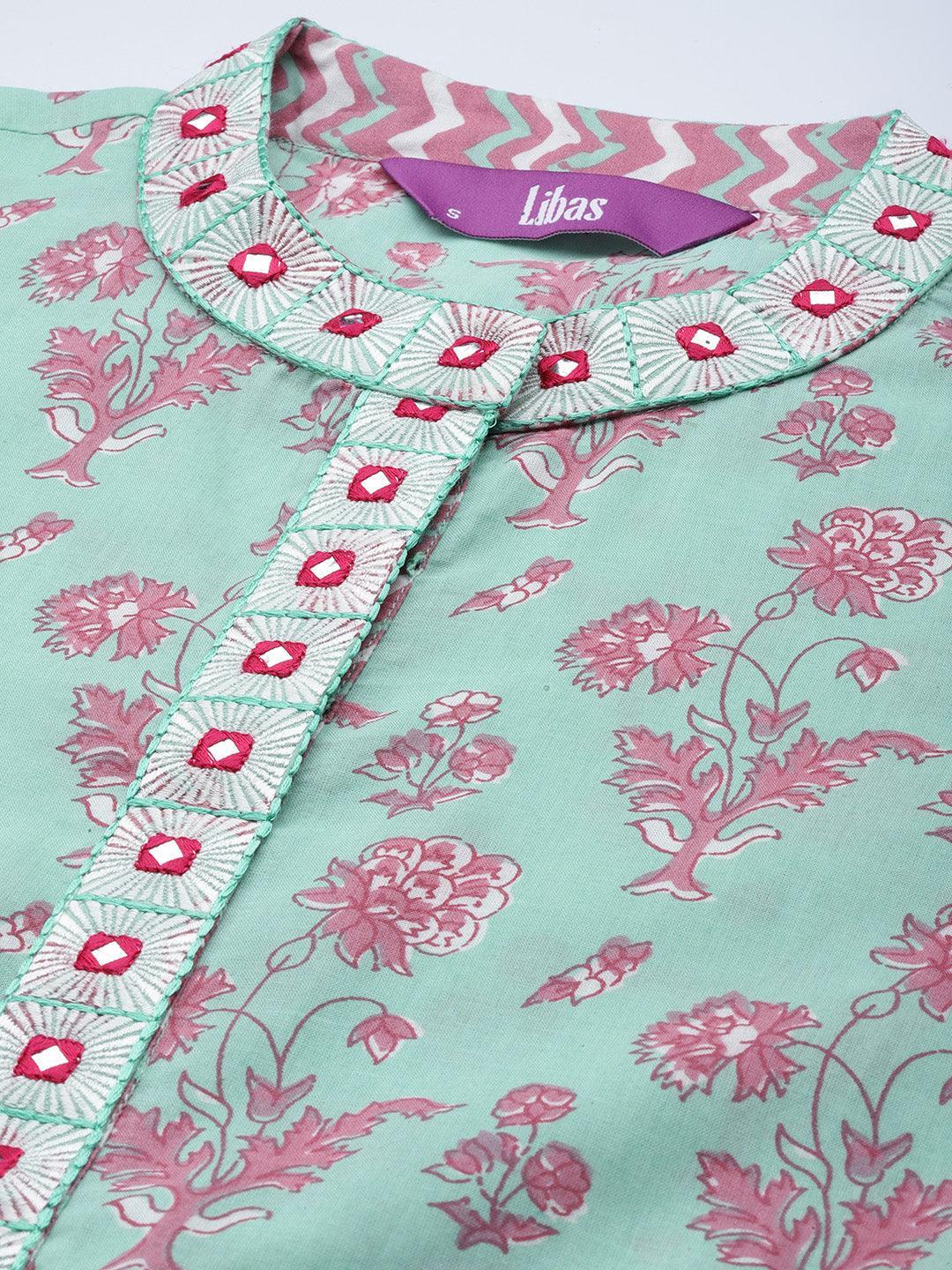 Sea Green Printed Cotton Suit Set - ShopLibas