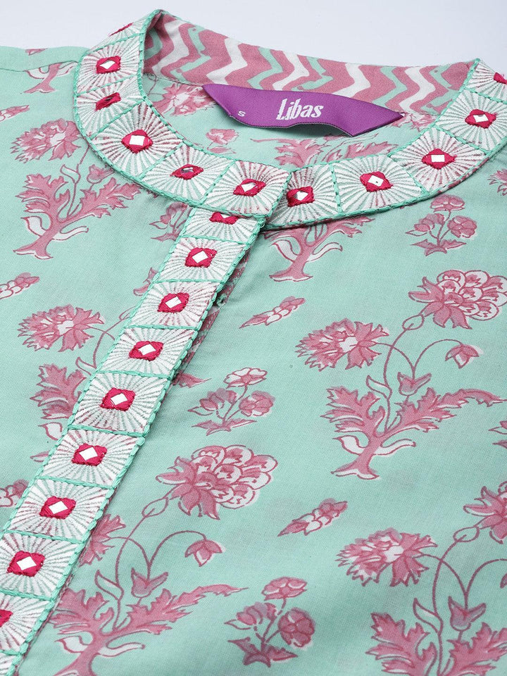 Sea Green Printed Cotton Suit Set - ShopLibas