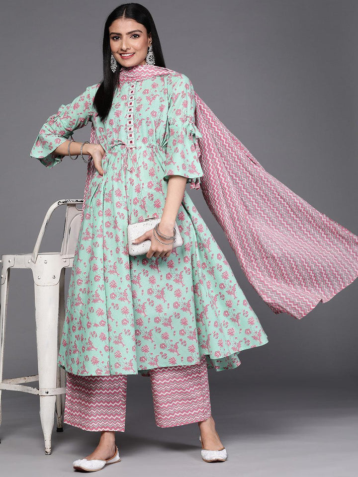 Sea Green Printed Cotton Suit Set - ShopLibas