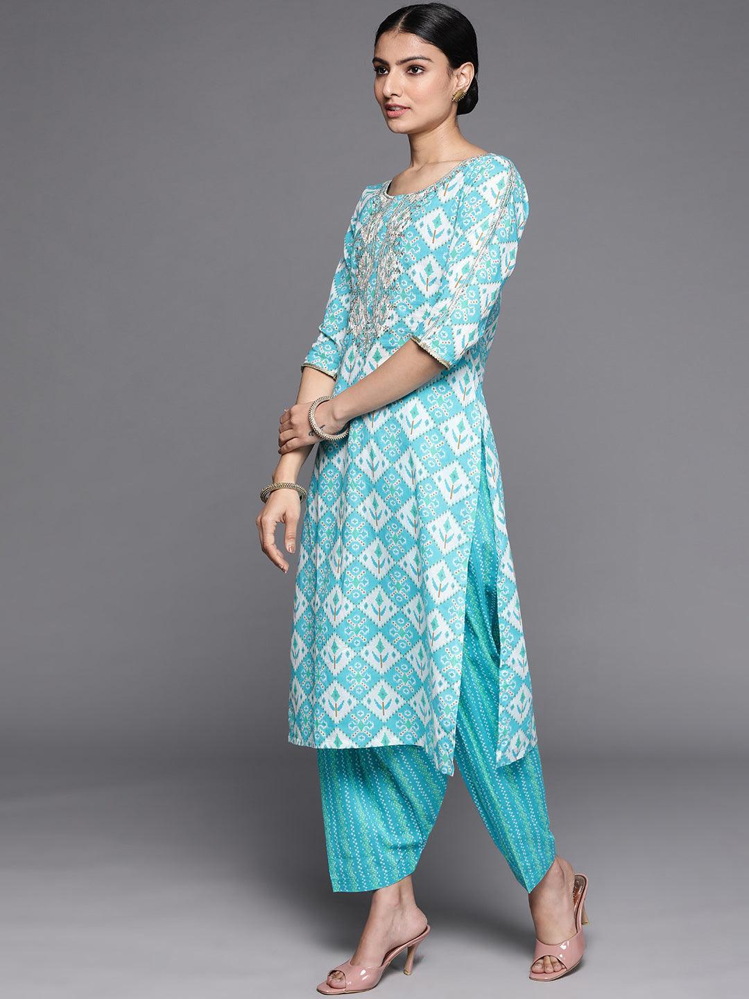 Blue Printed Cotton Suit Set - ShopLibas