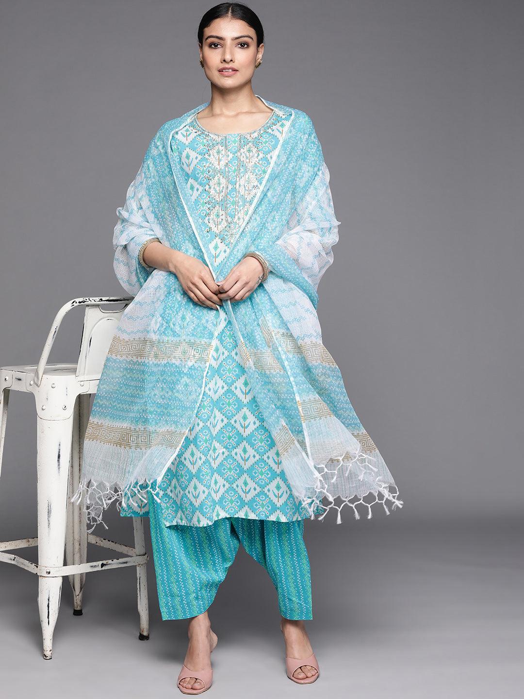 Blue Printed Cotton Suit Set - ShopLibas