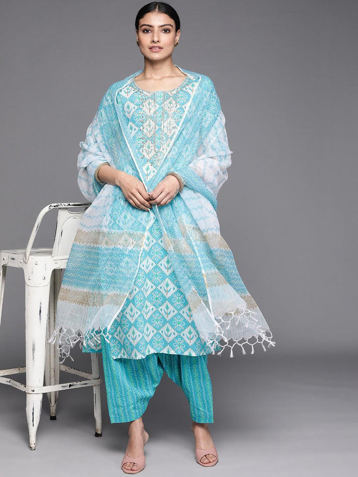 Blue Printed Cotton Suit Set - ShopLibas