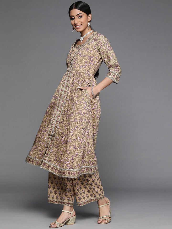 Beige Printed Cotton Kurta Set - ShopLibas