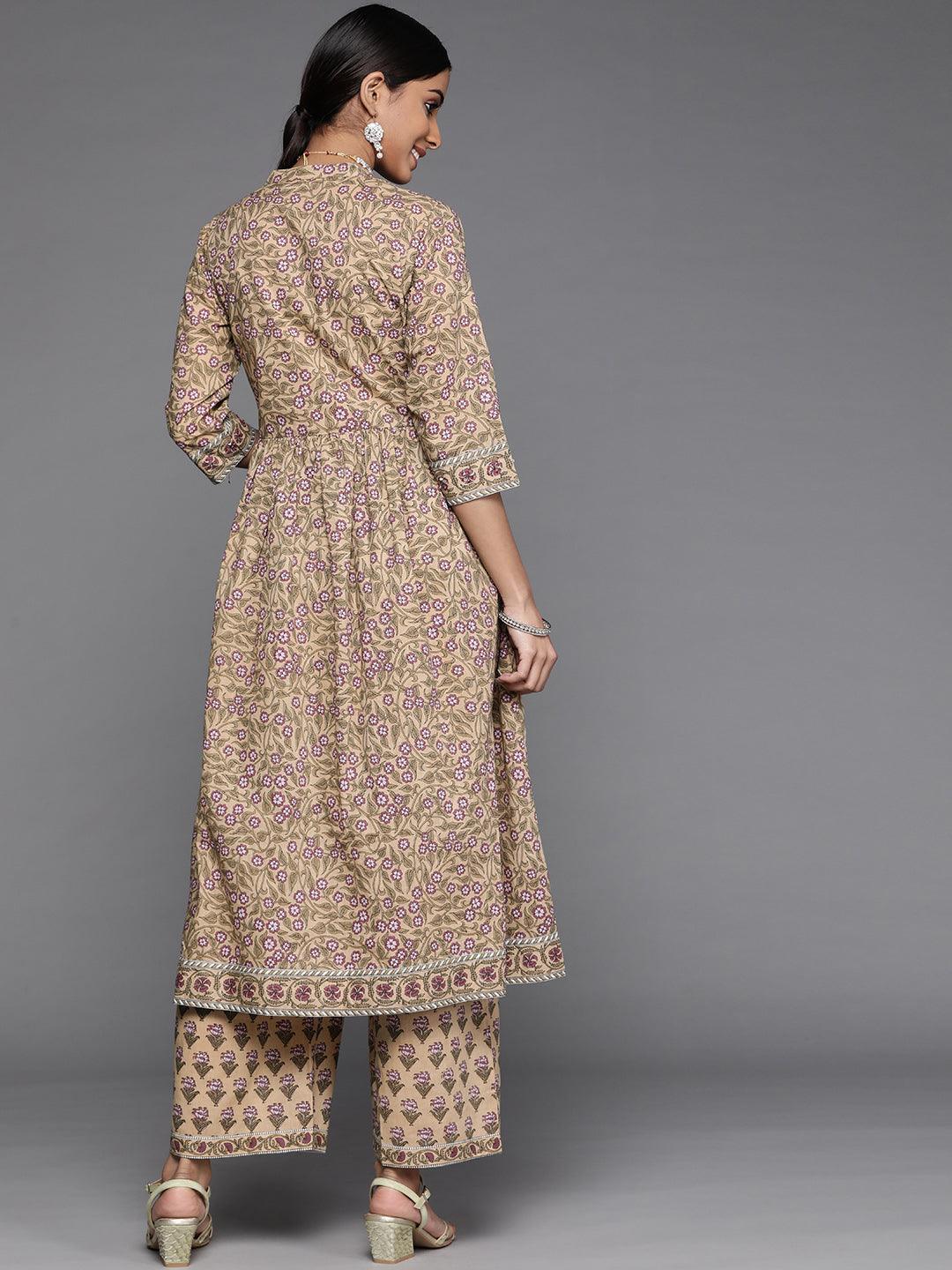 Beige Printed Cotton Kurta Set - ShopLibas