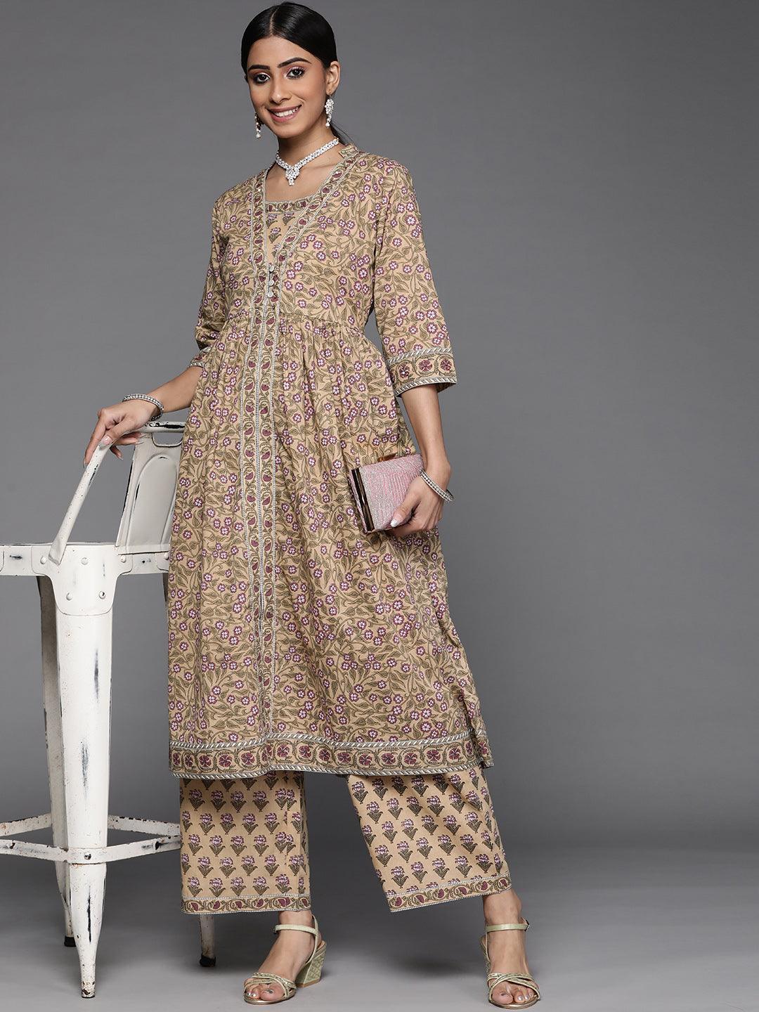 Beige Printed Cotton Kurta Set - ShopLibas