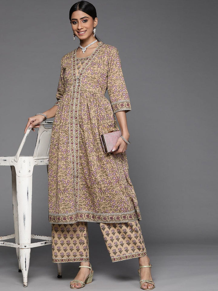 Beige Printed Cotton Kurta Set - ShopLibas