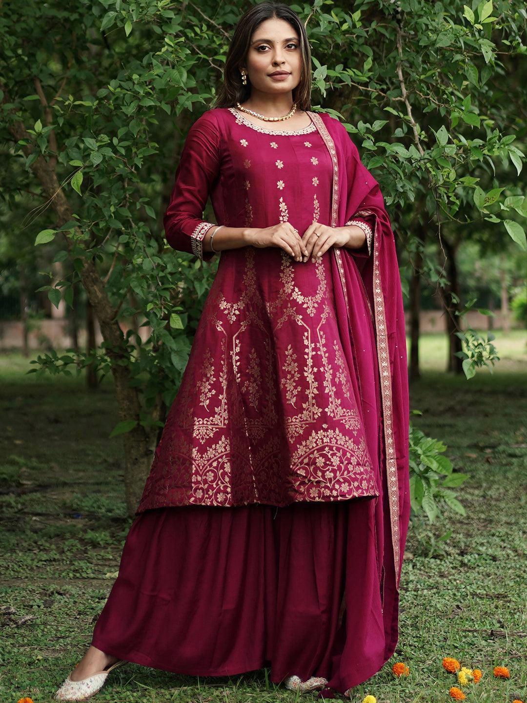 Maroon Brocade Silk Blend A-Line Suit Set - ShopLibas