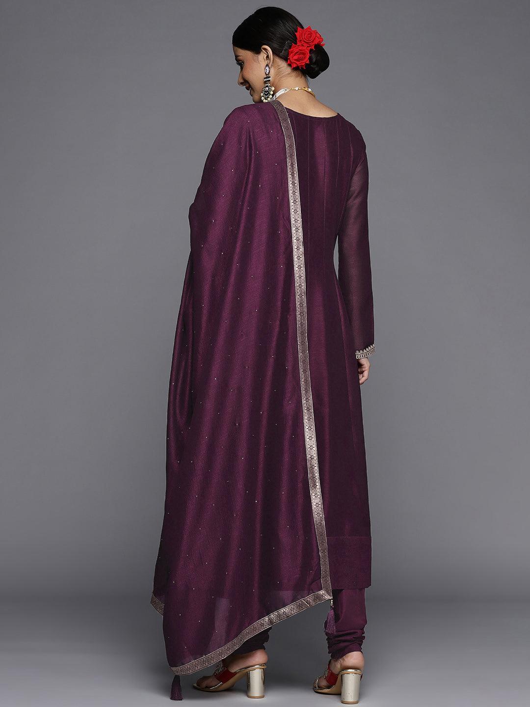 Purple Yoke Design Silk Blend Straight Suit Set - ShopLibas