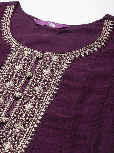 Purple Yoke Design Silk Blend Straight Suit Set - ShopLibas