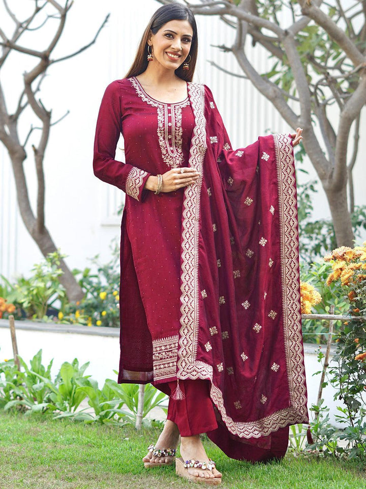 Fuchsia Embroidered Silk Blend Straight Suit Set