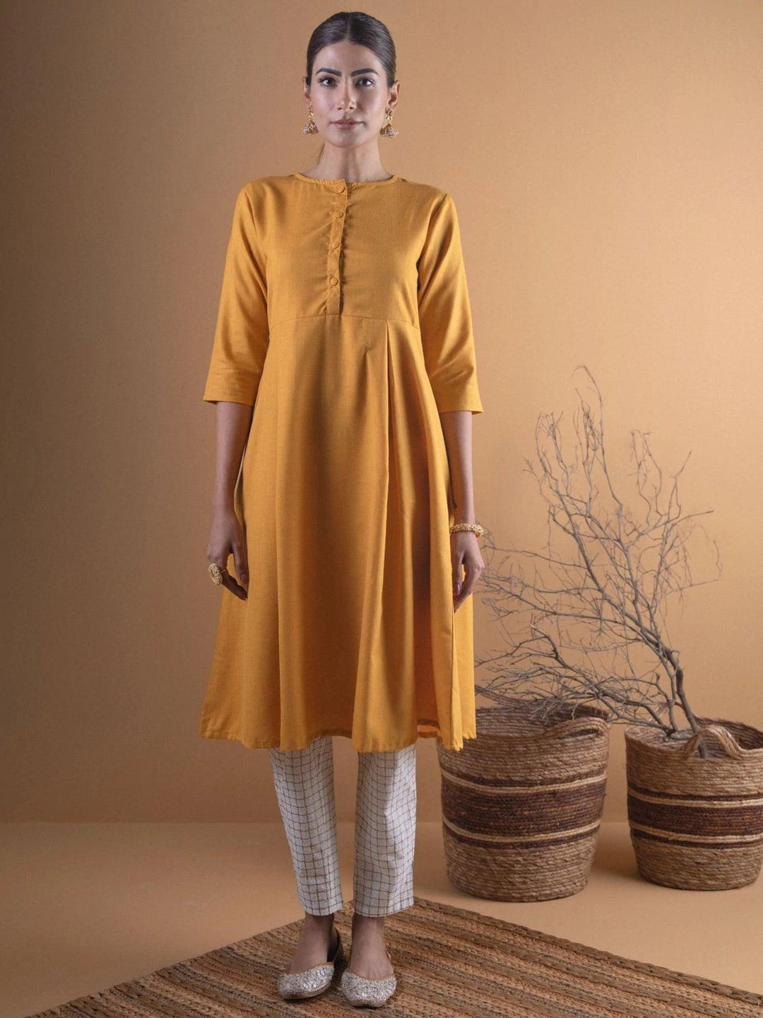 Mustard Solid Cotton Kurta - ShopLibas