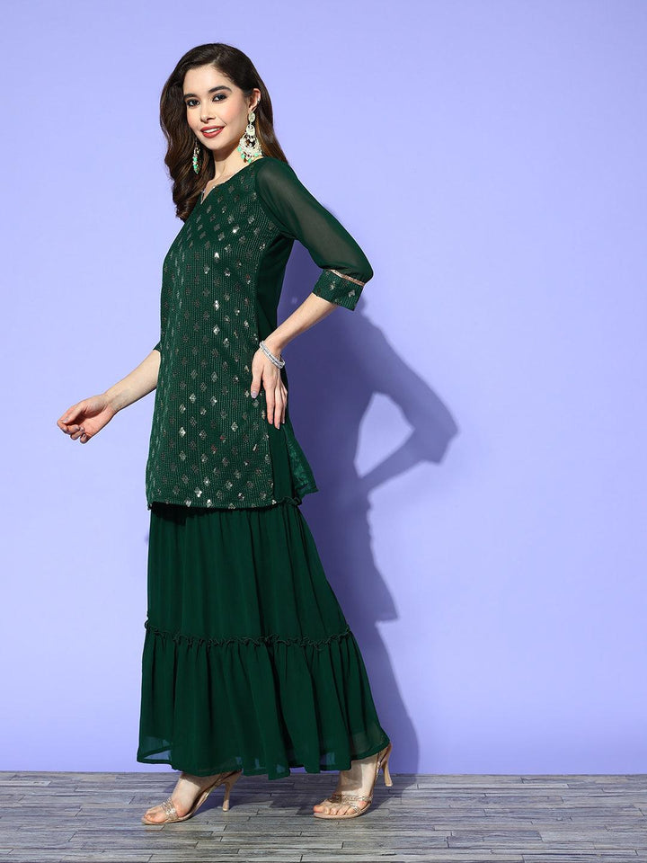 Green Embroidered Georgette Straight Sharara Suit Set - ShopLibas
