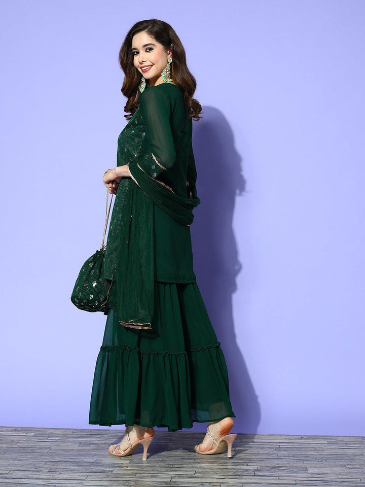 Green Embroidered Georgette Straight Sharara Suit Set - ShopLibas