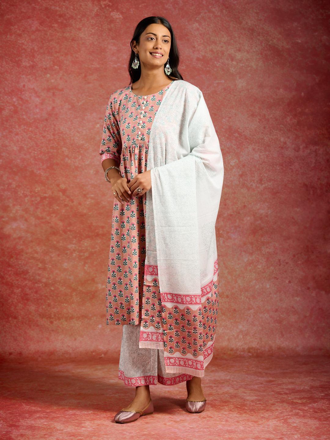 Peach Printed Cotton A-Line Kurta With Palazzos & Dupatta - ShopLibas 
