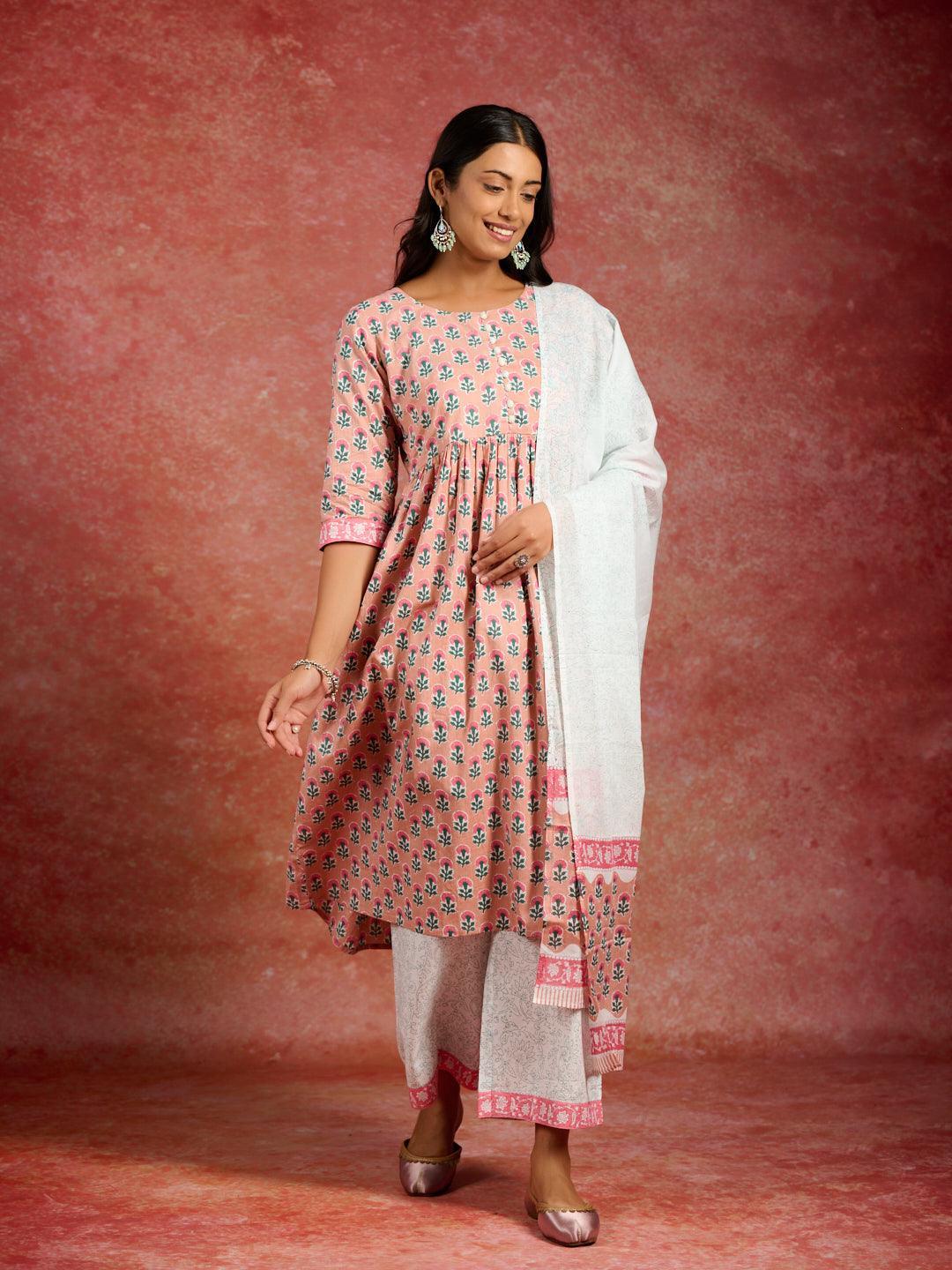 Peach Printed Cotton A-Line Kurta With Palazzos & Dupatta - ShopLibas 