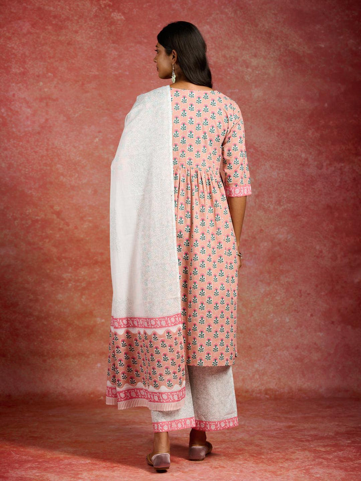 Peach Printed Cotton A-Line Kurta With Palazzos & Dupatta