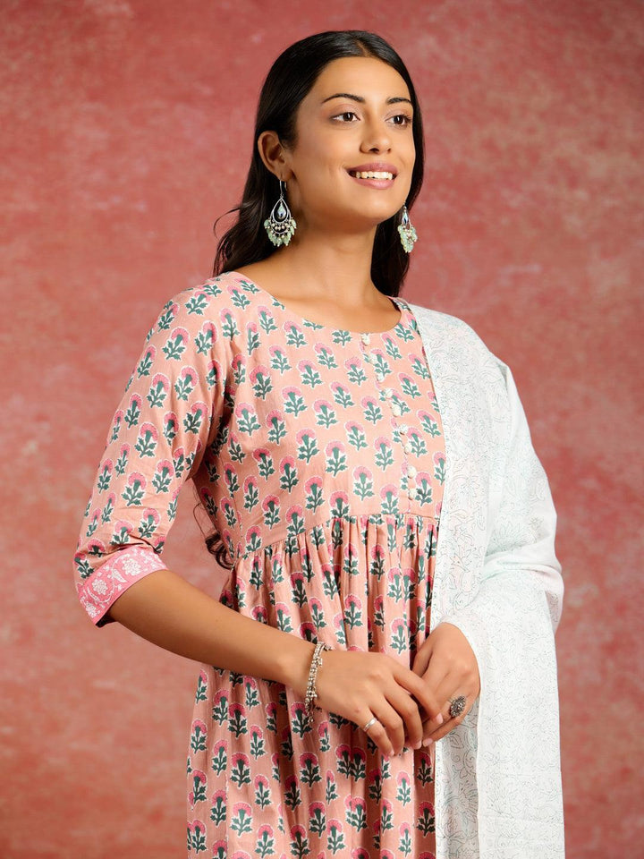 Peach Printed Cotton A-Line Kurta With Palazzos & Dupatta