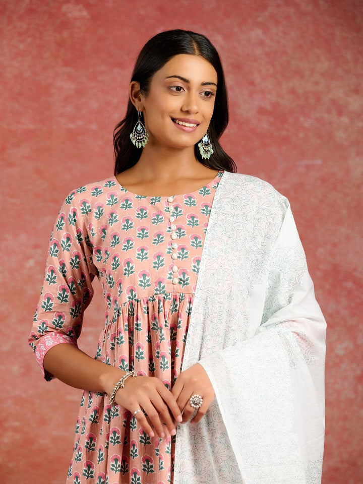 Peach Printed Cotton A-Line Kurta With Palazzos & Dupatta